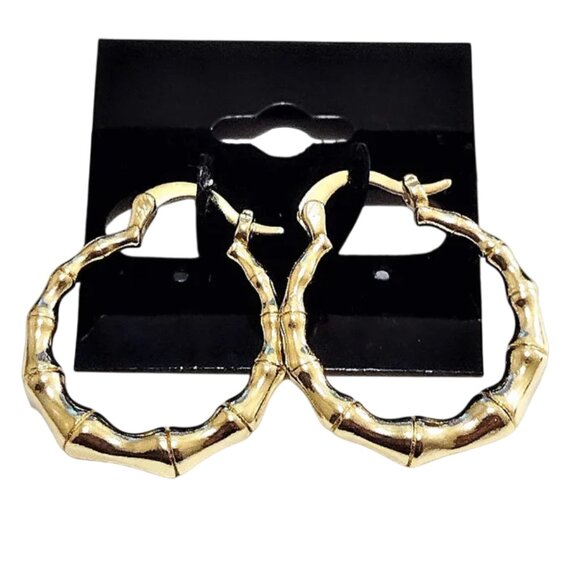 1 1/8 Inch 27mm Bamboo Hoop Pierced Post Earrings Gold Tone - Picture 5 of 5